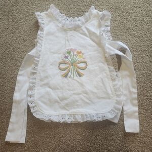White Cross-Stitch Lace Bib with Pastel Floral Bow